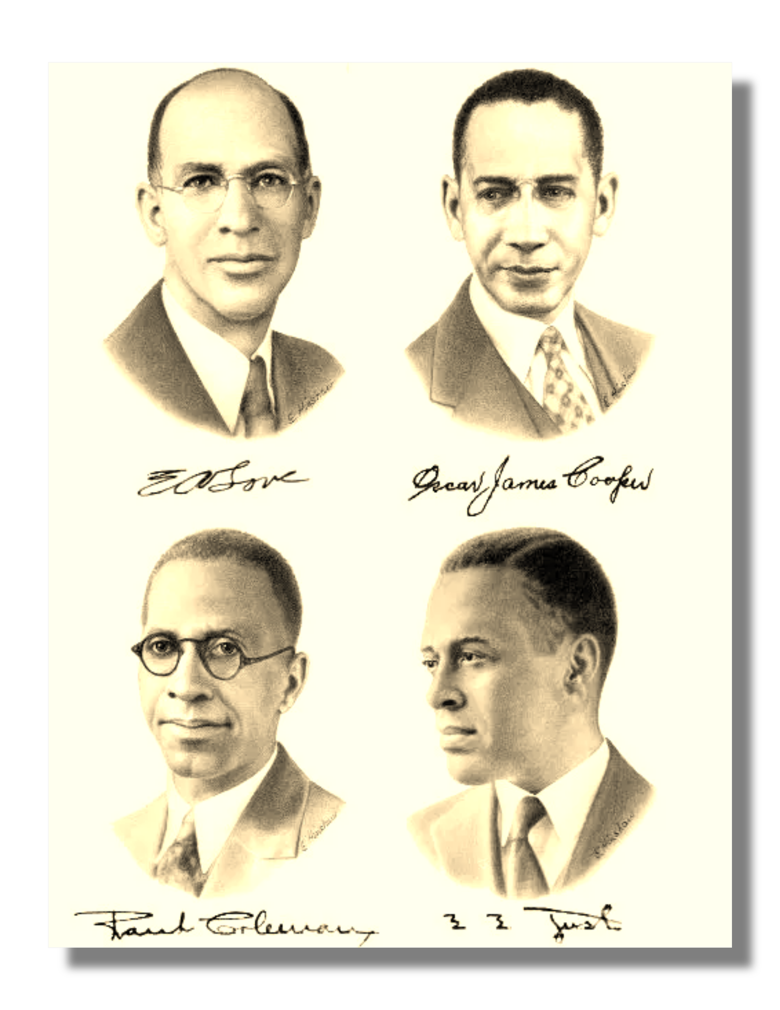 Black and white portrait collage of four men, labeled as Ed Gore, George James Cook, Paul Glover, and Z Z Juhl, each with signatures beneath their images.