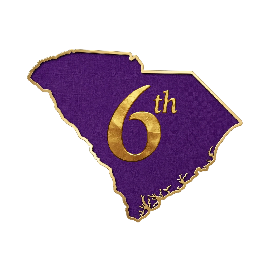 A graphic of the state of South Carolina with 6th anniversary text in gold, set against a purple background with gold borders.
