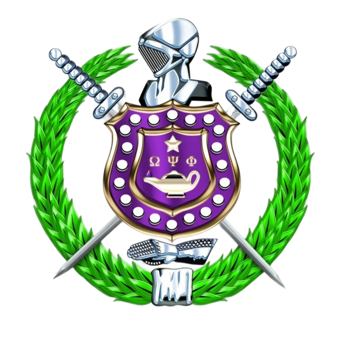 An emblem featuring a silver knight helmet, crossed swords, a purple shield with Greek letters, a lamp, and a laurel wreath.