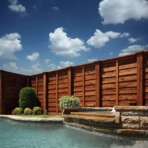 A backyard swimming pool with a wooden privacy fence, green bushes, flowering plants, and a stone waterfall feature, under a partly cloudy blue sky.