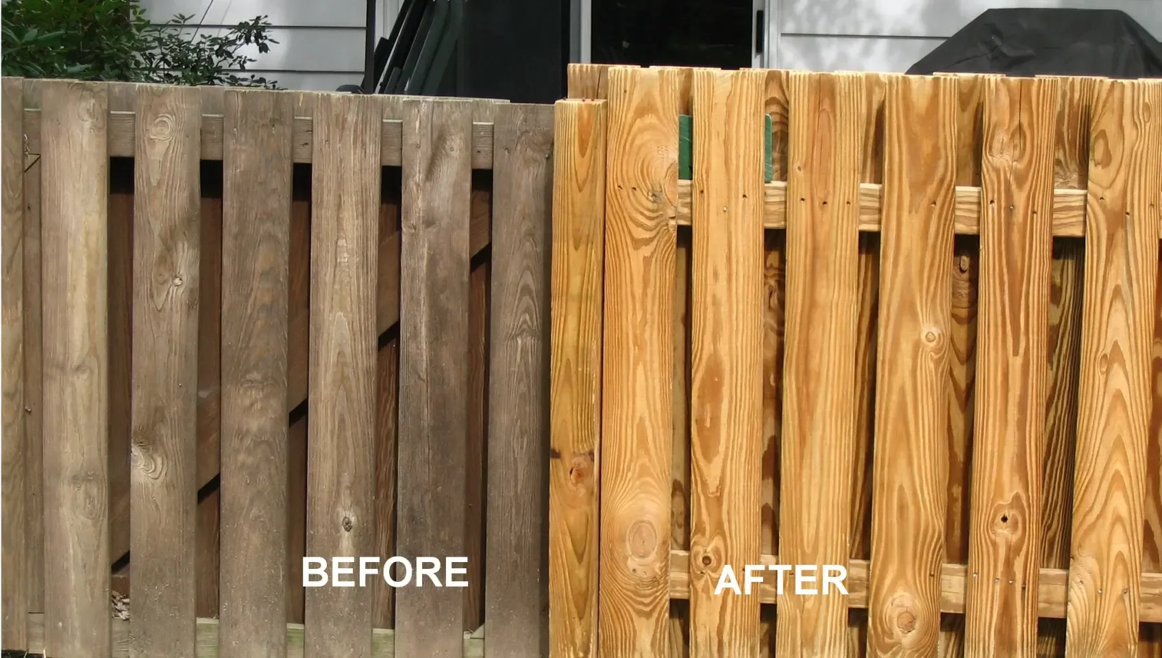 Side-by-side comparison of a wooden fence, showing weathered, gray planks labeled 'Before' on the left and new, stained, golden-colored planks labeled 'After' on the right.