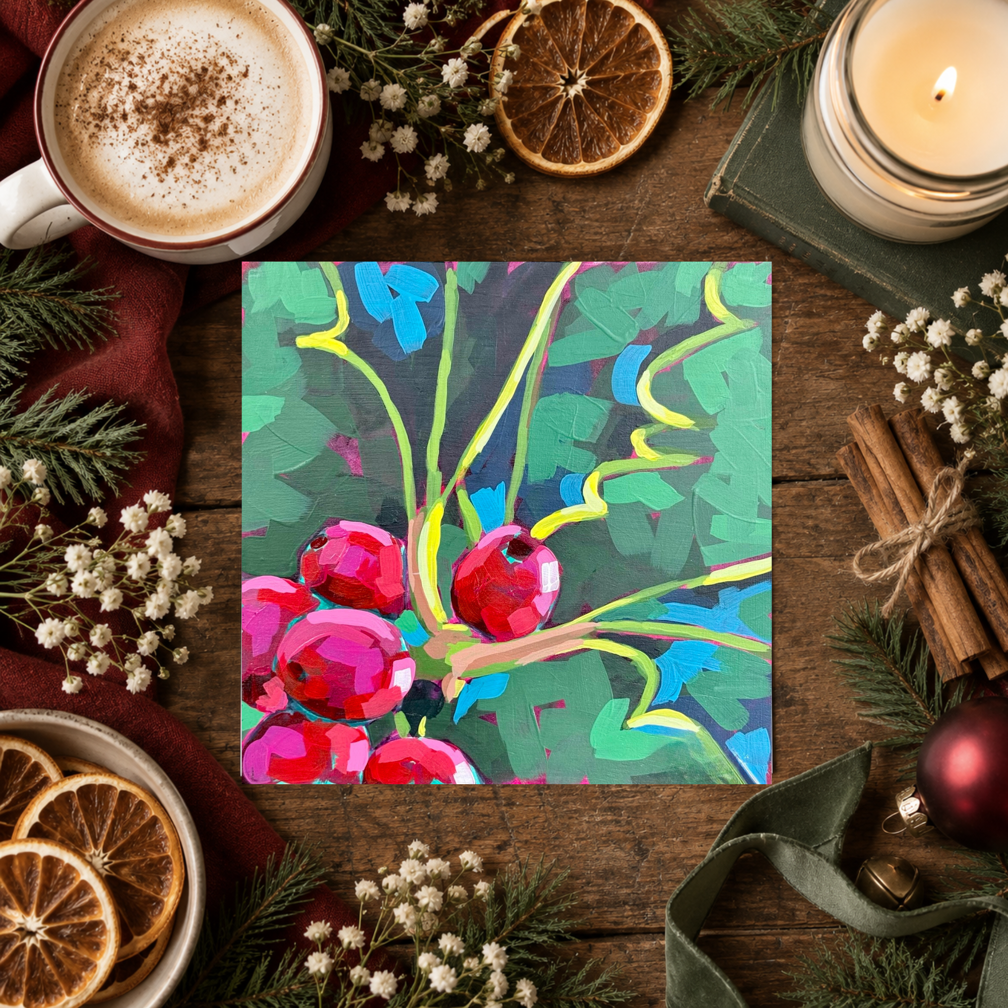 Holly Berry 8x8 inch Acrylic Painting Print