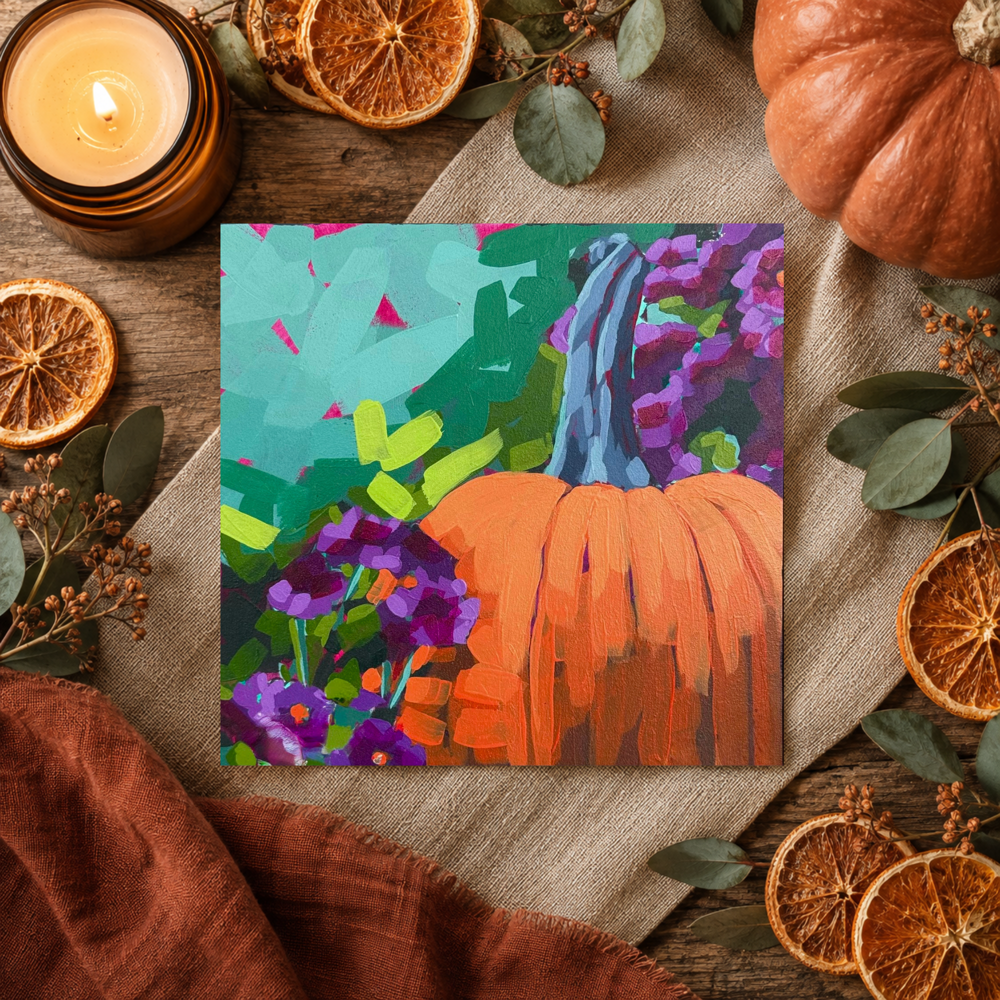 Pumpkin and Mums 8x8 inch Acrylic Painting Print