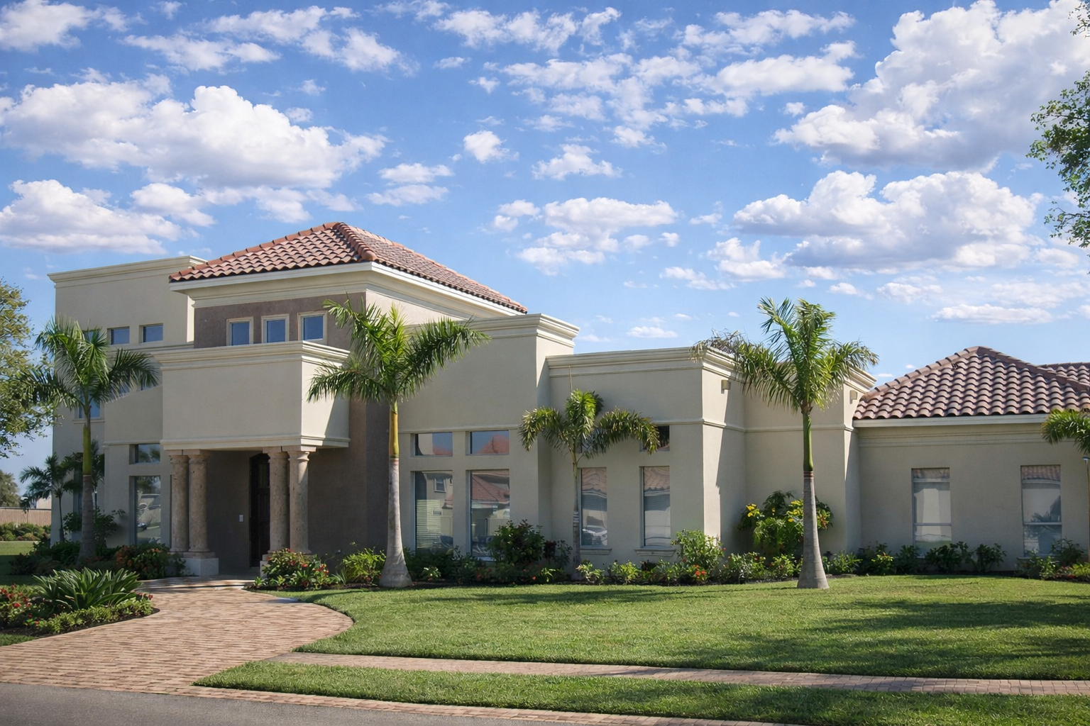 A modern house with a tiled roof, palm trees, and a well-maintained lawn under a partly cloudy sky.