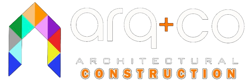 Colorful geometric architecture logo with house shape, the words "argco architectural construction" in modern font, with "construction" highlighted in orange.