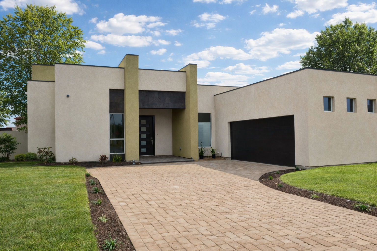 Modern single-story house with a beige exterior, black garage door, and a paved driveway. The house has a flat roof, small windows, and a landscaped front yard with green grass and small plants. There are trees and a partly cloudy sky in the background.