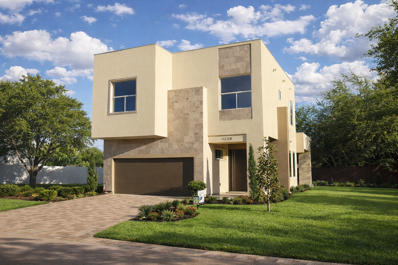 Modern two-story house with beige and stone exterior, large windows, attached garage, well-maintained front yard with green grass, small trees, and landscaped flower beds under a blue sky with scattered clouds.
