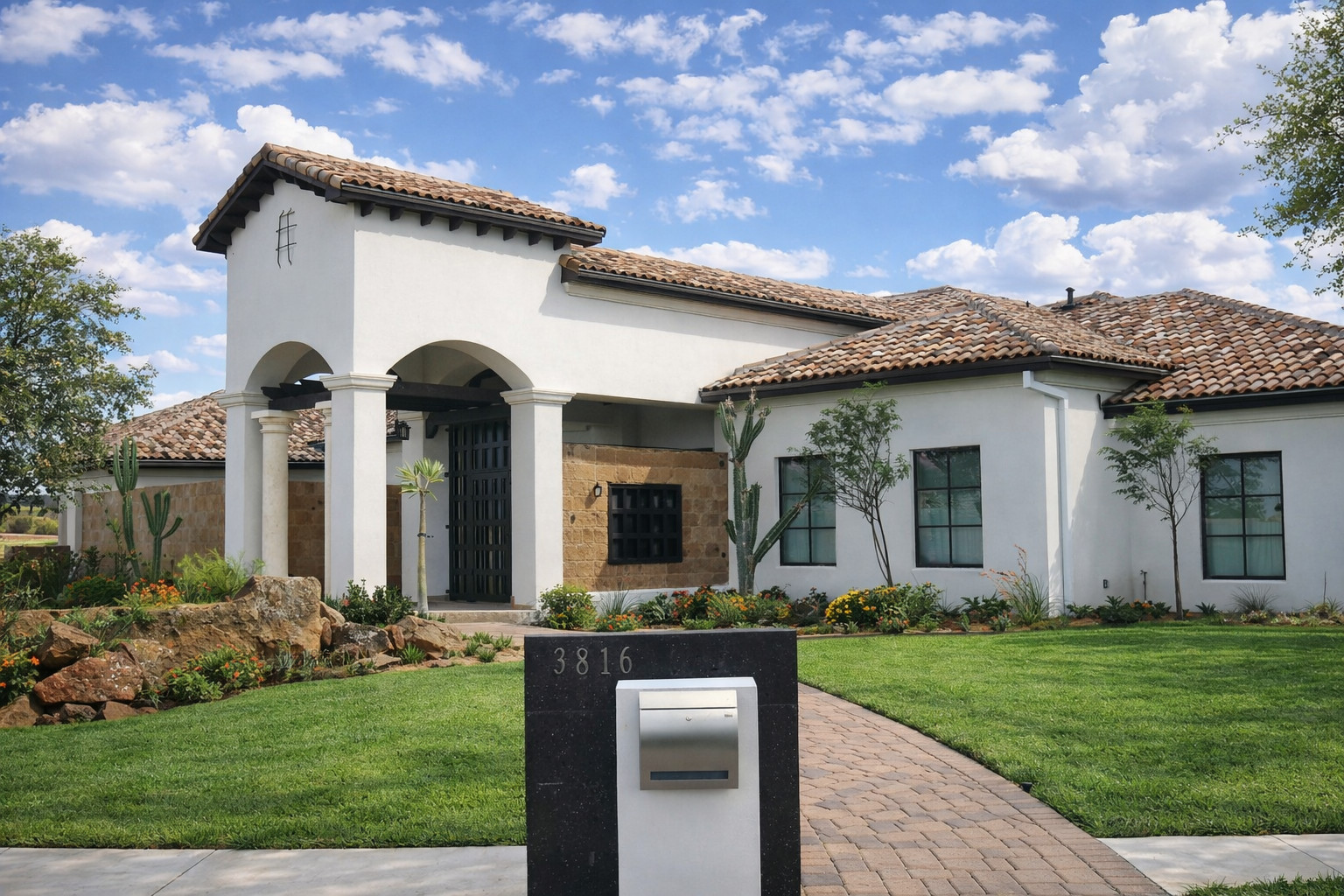 Modern house with white stucco walls, red tile roof, arched entrance, and landscaped front yard with green grass, shrubs, and cactus. The address 3816 is displayed on a black stone post with a mailbox.