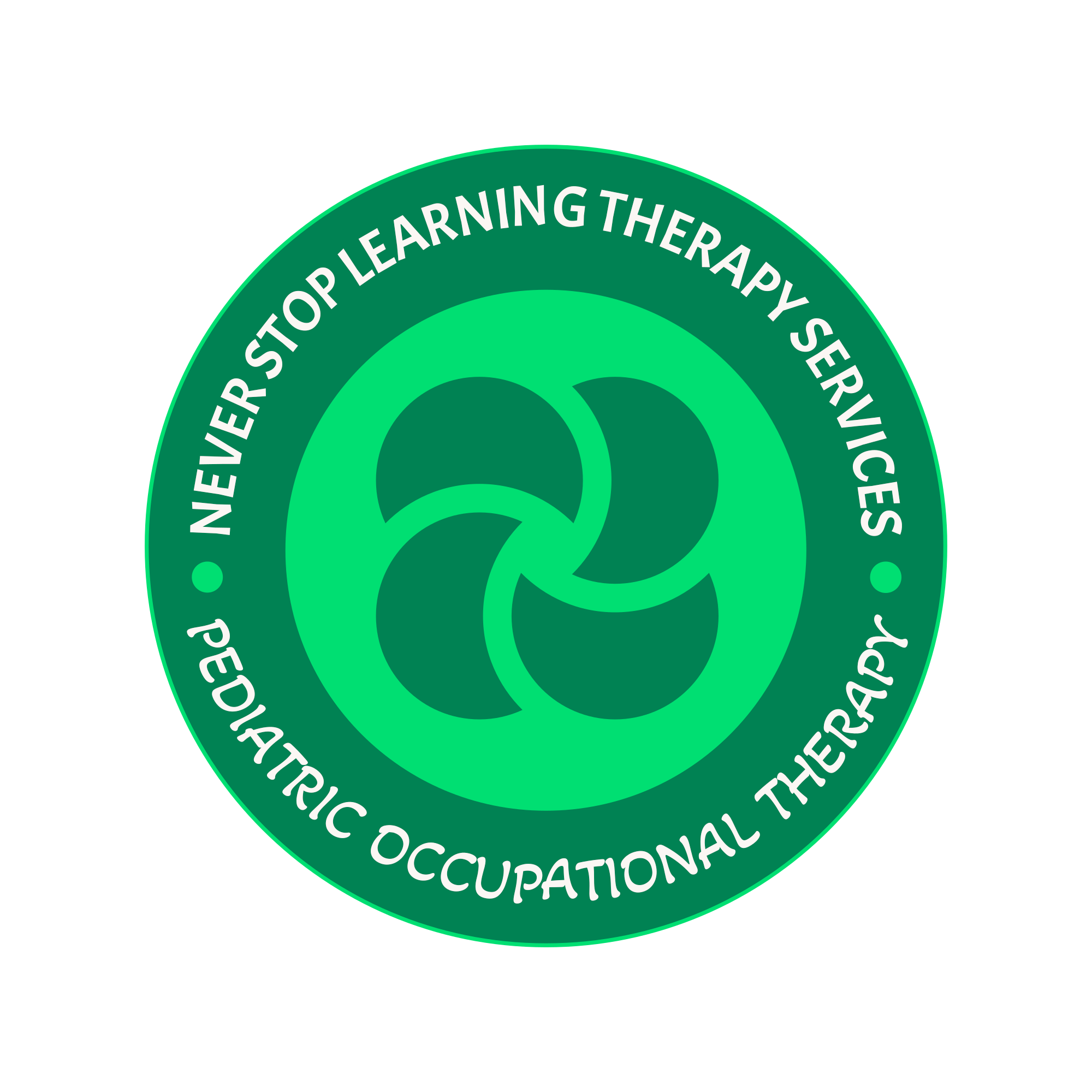 Logo of NEOVER, a green circular emblem with a stylized swirl in the center and the surrounding text 'NEVER STOP LEARNING THERAPY SERVICES' and 'PEDIATRIC OCCUPATIONAL THERAPY'.