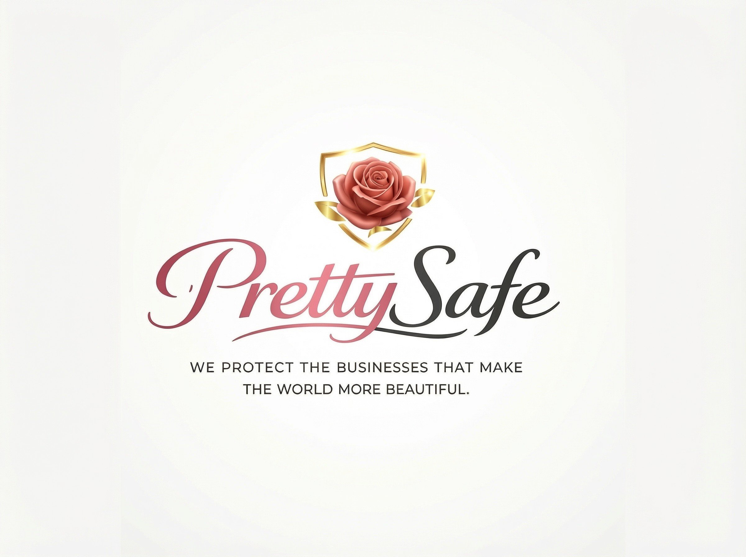 Logo with a pink rose inside a shield and the text "Pretty Safe" with a tagline "We protect the businesses that make the world more beautiful."