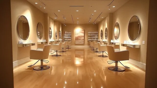 Empty salon with beige walls, circular mirrors, styling chairs, and shelves with hair products.