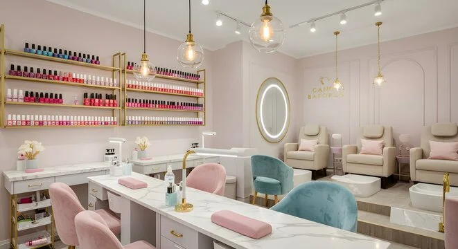 Nail salon interior with nail polish shelves, seating area, and foot spa chairs