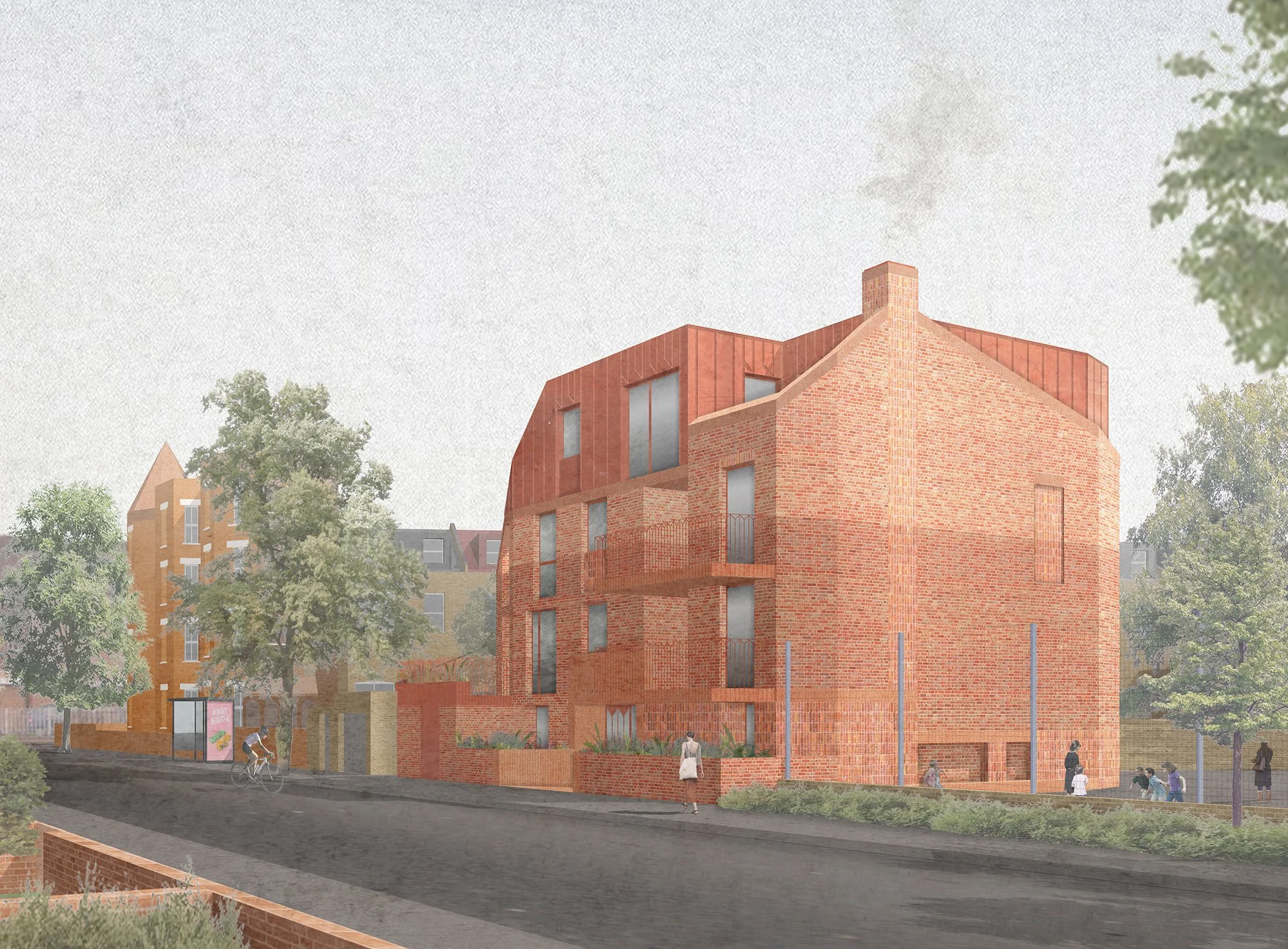 A modern three-story building made of red brick with a rounded corner, surrounded by trees and a sidewalk with people walking and a person riding a bicycle, in an urban neighborhood.