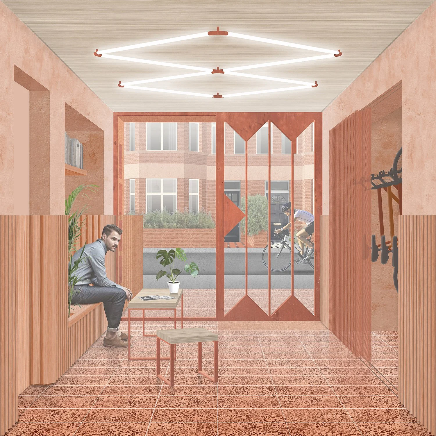 Interior of a modern waiting area or lobby with wooden accents, a bench with a man sitting on it, potted plant, and a glass door leading outside where a cyclist is riding by on the street.