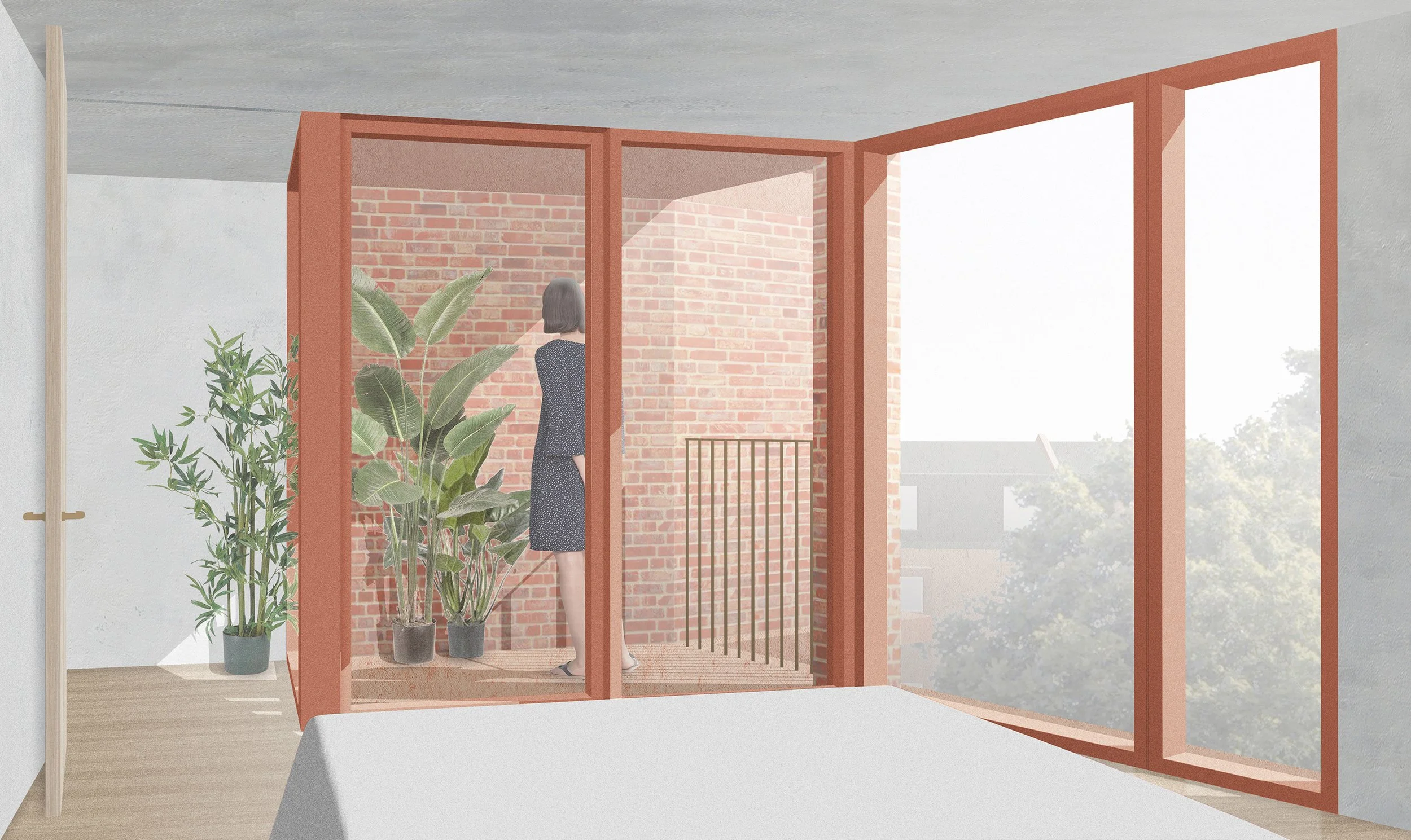 Interior of a room with large glass windows and doors. A woman in a black dress stands on a balcony with potted plants and a brick wall.