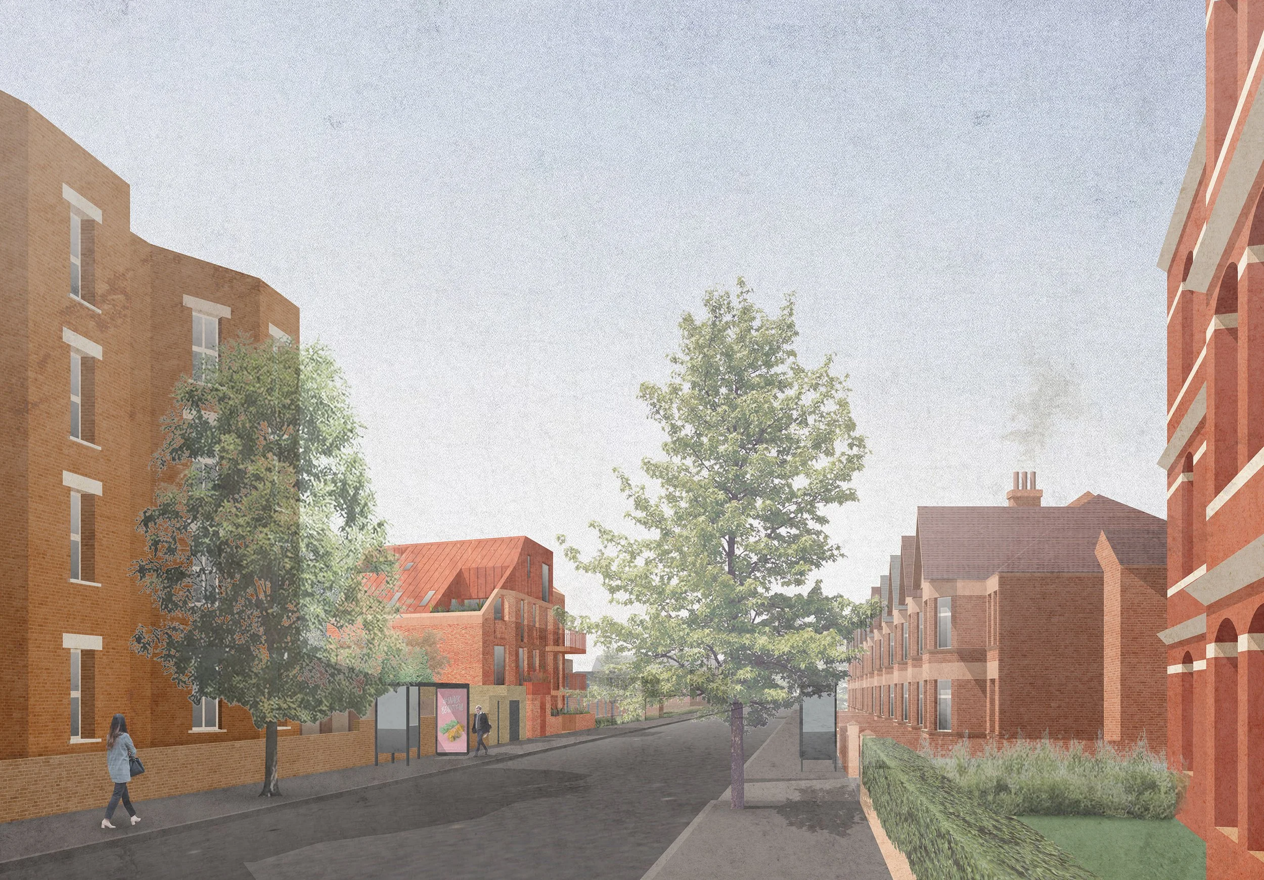 A digital rendering of a quiet residential street with brick buildings on both sides, trees lining the sidewalk, and a few pedestrians walking.