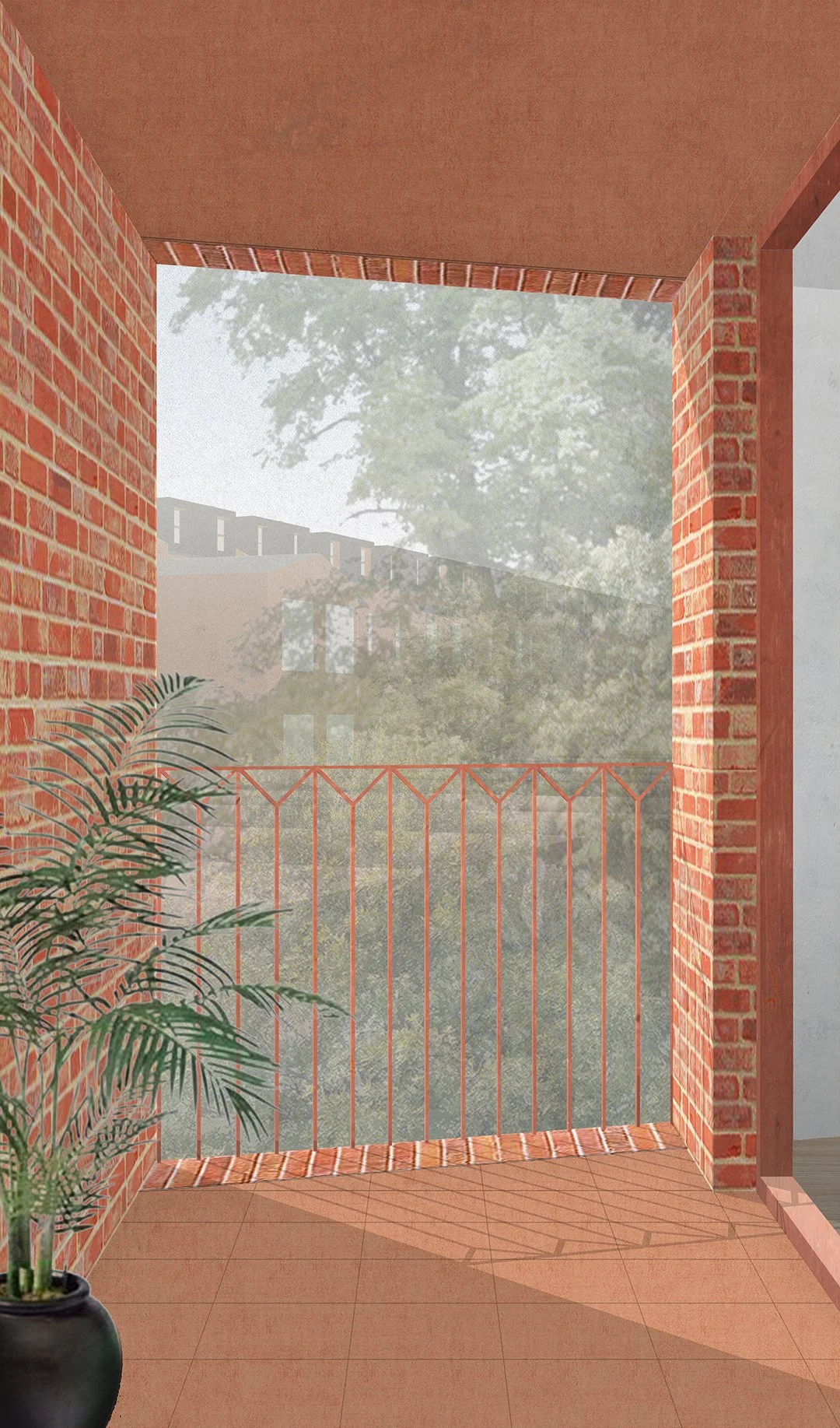 Balcony with red brick walls and railing, potted plant, and large window with view of trees outside.