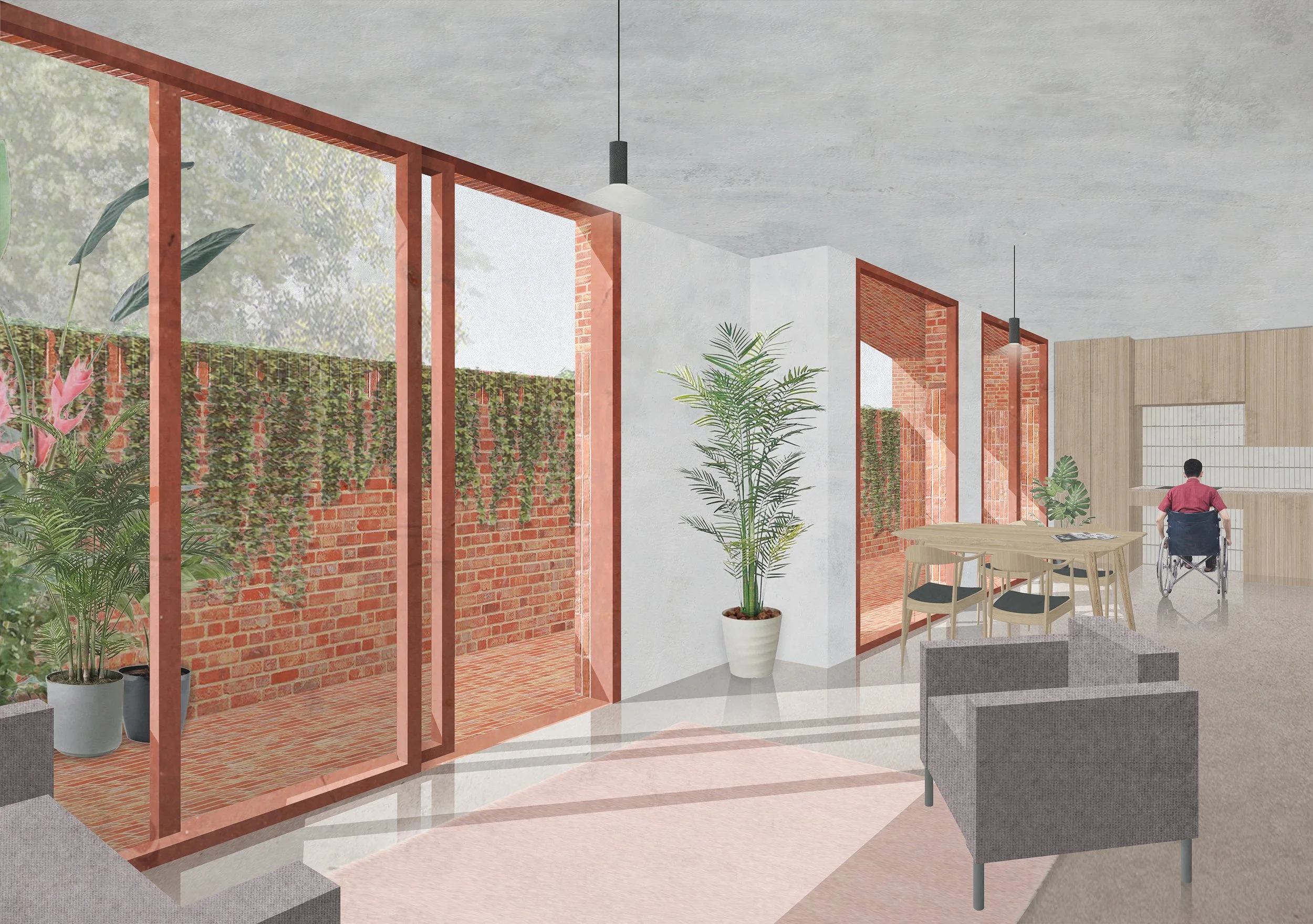 Interior of a modern room with large glass sliding doors leading to a small outdoor patio with brick walls and greenery. Inside, there are potted plants, a dining table with chairs, and a person in a wheelchair facing away. The room has a minimalistic design with wood accents and hanging ceiling lights.