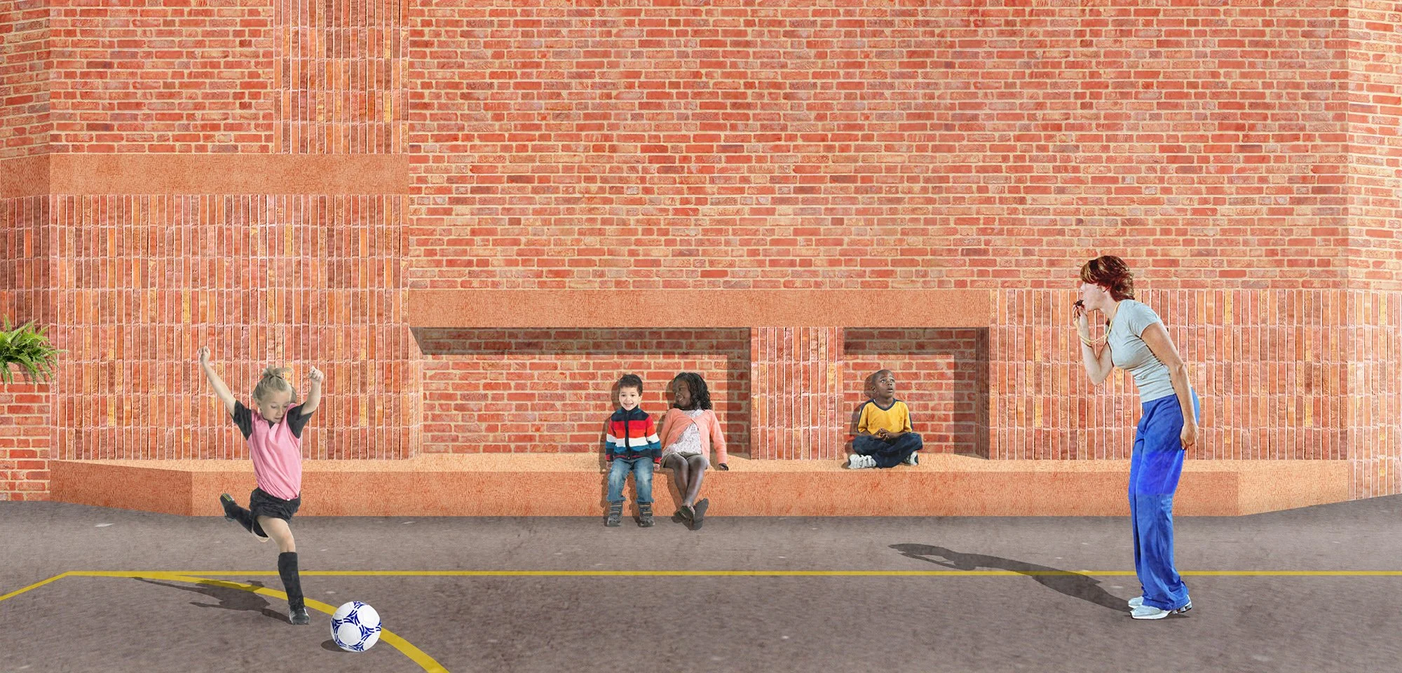A young girl in a pink and black sports uniform kicking a soccer ball while a woman in a blue tracksuit calls out to her. Three children are sitting against a large red brick wall, watching. The scene takes place outdoors on a paved area with yellow lines.