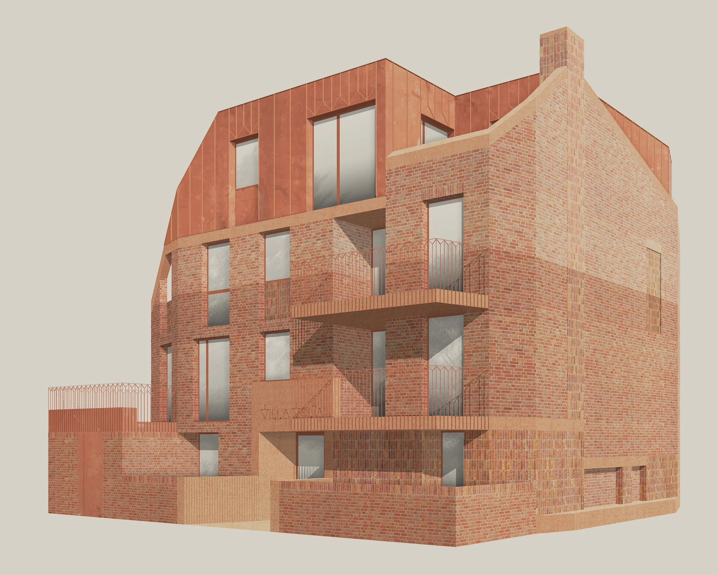Multi-story brick apartment building with large windows and balconies.