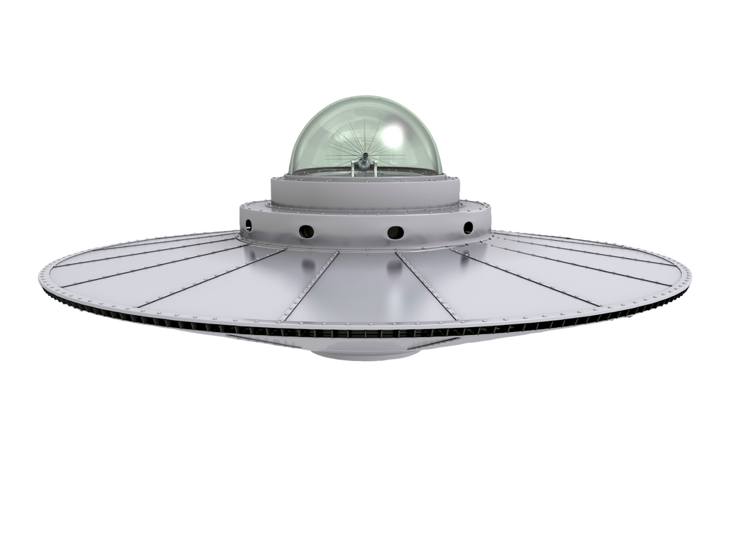 A futuristic flying saucer with a metallic disc shape and a transparent dome on top.
