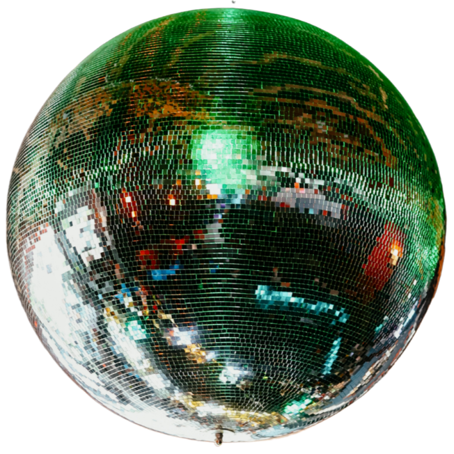 A large disco ball covered in small reflective tiles, hanging from the ceiling in a club or party setting, reflecting colorful lights.