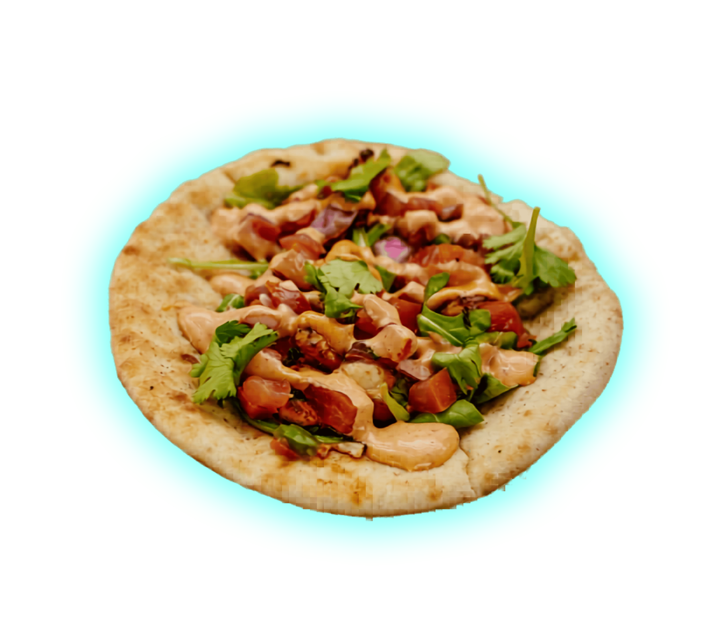 A taco filled with grilled chicken, lettuce, tomatoes, and other vegetables in a soft tortilla shell.