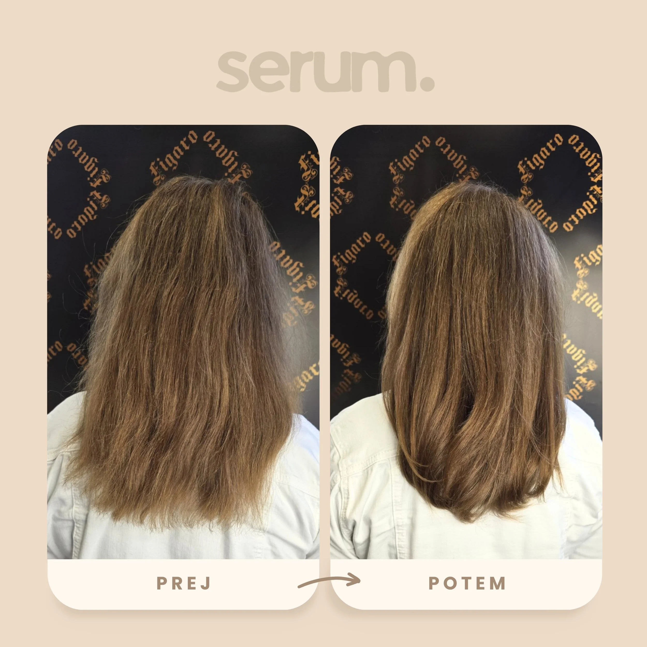 Comparison of hair before and after applying a hair treatment or product showing improved hair health and appearance.