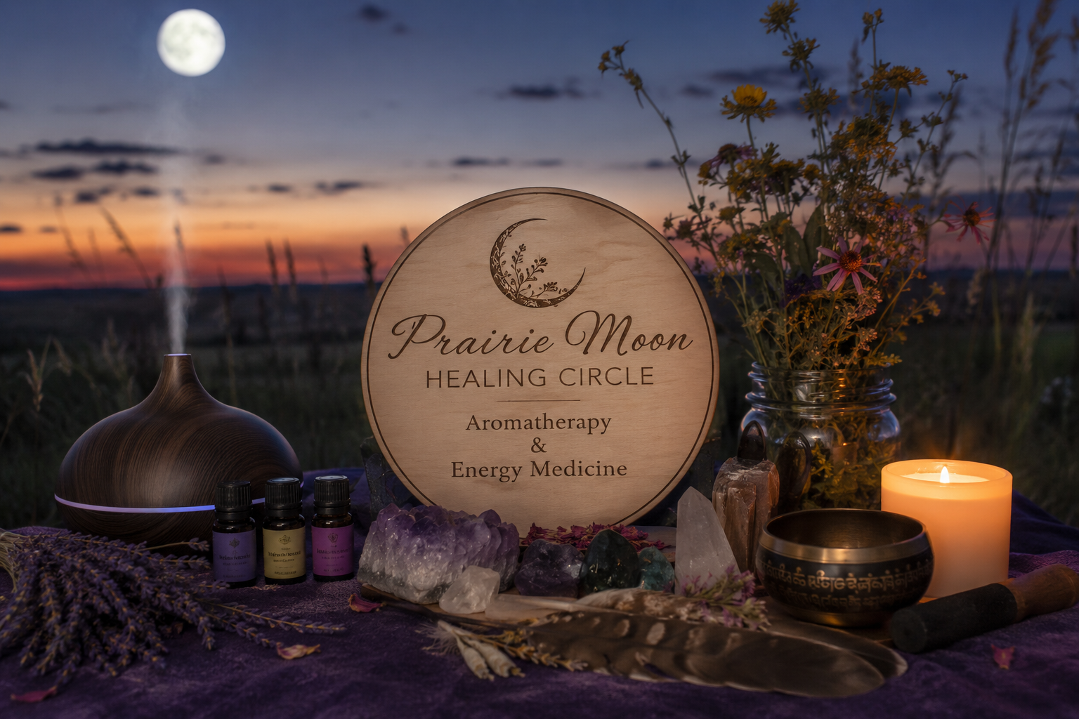A Spiritual healing setup outdoors at sunset, featuring a wooden sign reading 'Prairie Moon Healing Circle' with aromatherapy and energy medicine, surrounded by candles, crystals, essential oils, flowers, and a singing bowl, with a full moon and a colorful sky in the background.