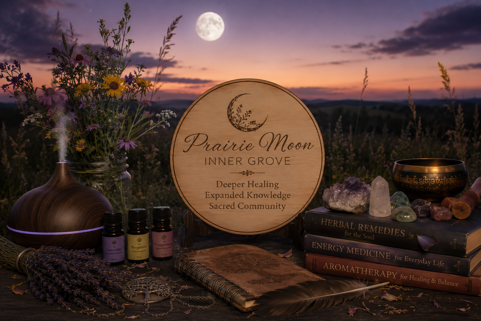 An outdoor display of wellness and healing items with a sunset sky and the moon in the background. The center features a wooden sign reading "Prairie Moon Inner Grove," with the words "Deeper Healing, Expanded Knowledge, Sacred Community." Surrounding the sign are essential oils, herbs, crystals, a singing bowl, stacked books on herbal remedies, energy medicine, and aromatherapy, along with flowers, a notebook, a feather, and jewelry.