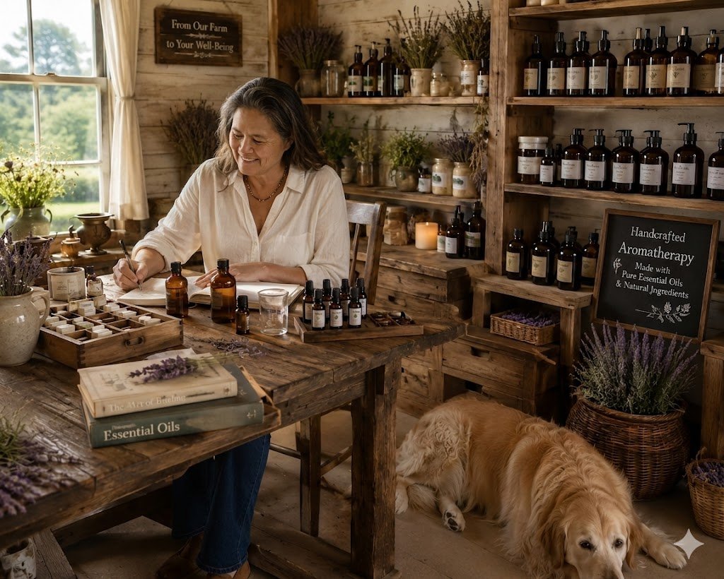 A woman sitting at a rustic wooden table in a cozy aromatic therapy shop, surrounded by brown bottles, books about essential oils and herbal plants, with a golden retriever dog lying on the floor beside her. The shop has shelves filled with bottles, jars, and potted herbs, and a window with natural light. A chalkboard sign mentions handcrafted aromatherapy with pure essential oils and natural ingredients.