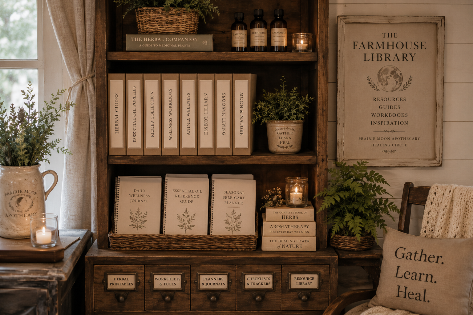 A cozy, rustic herbal and wellness library with wooden shelves filled with books, jars, and plants. There are candles, a pillow with the words 'Gather. Learn. Heal.', and a sign titled 'The Farmhouse Library' listing resources, guides, workbooks, and inspiration.