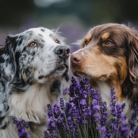 Two dogs, one with a merle coat and the other with a brown coat, face each other above purple lavender flowers.
