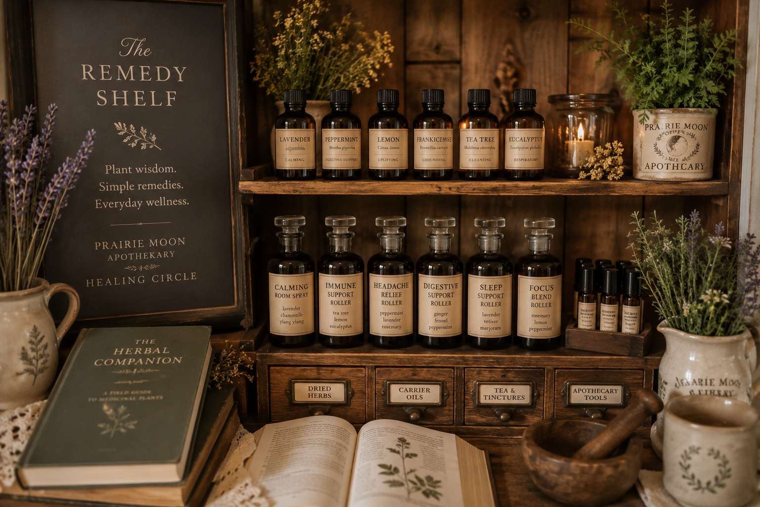A wooden shelf filled with small amber bottles labeled with various essential oils and roll-on remedies, surrounded by potted plants, herbs, and books about herbal medicine, creating a cozy apothecary setting.