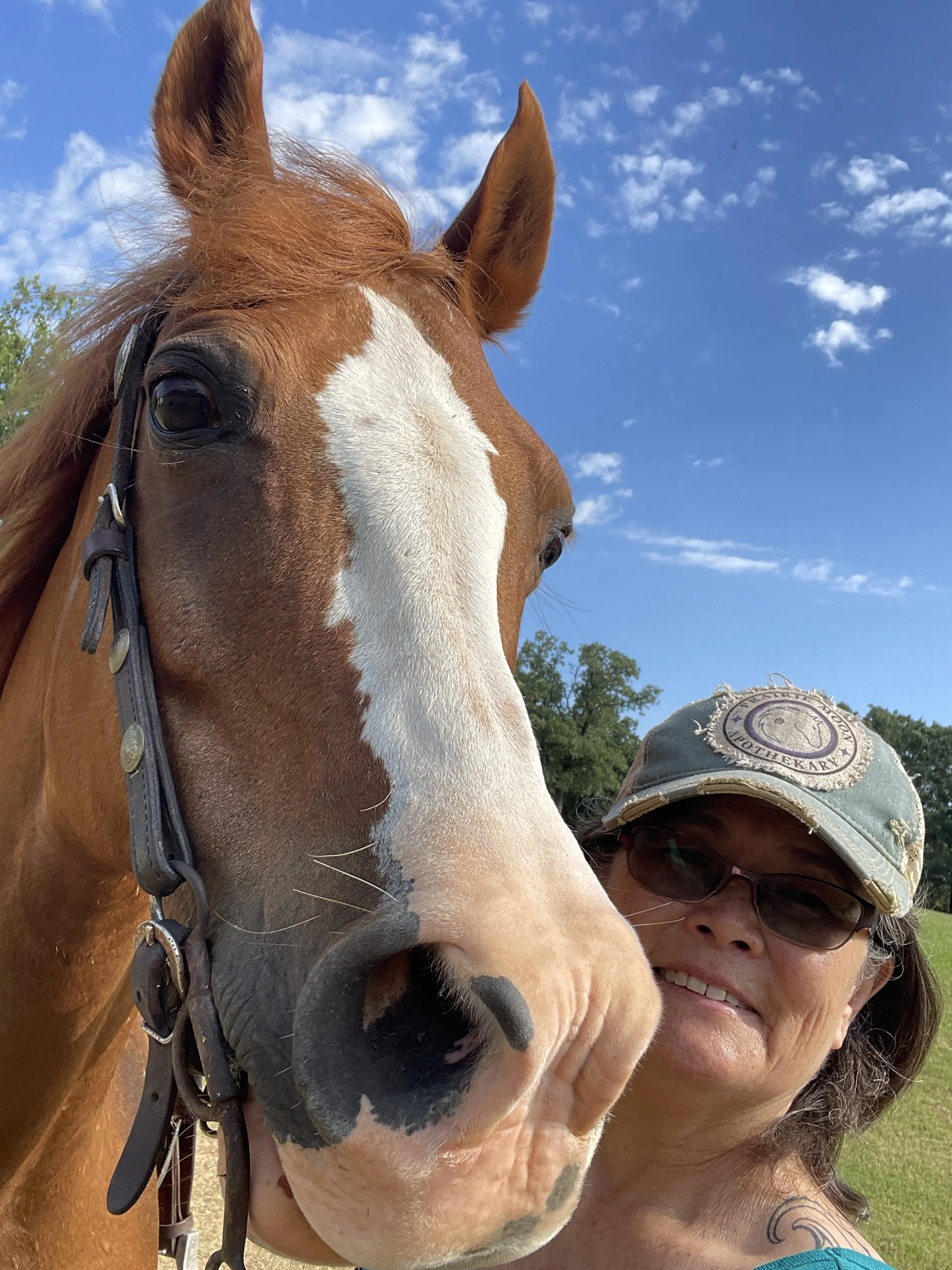 Close-up of a woman and a brown and white horse outdoors on a sunny day with a blue sky and some clouds.