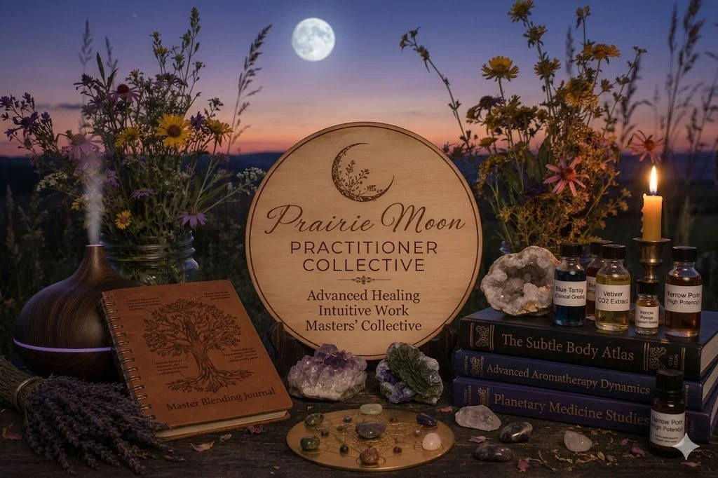 A collection of spiritual and healing items on a table outdoors at dusk with a full moon, including flowers, crystals, medicinal herbs, books, bottles of essential oils, a candle, and a round wooden sign reading 'Prairie Moon Practitioner Collective'.