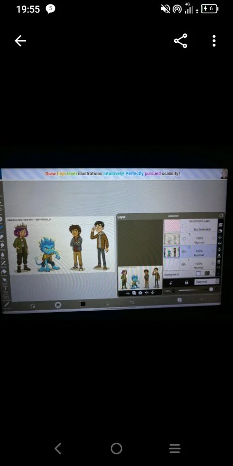 Screenshot of a digital drawing application displaying characters, including a purple-haired woman, a blue creature, and two men, on a computer or tablet screen.