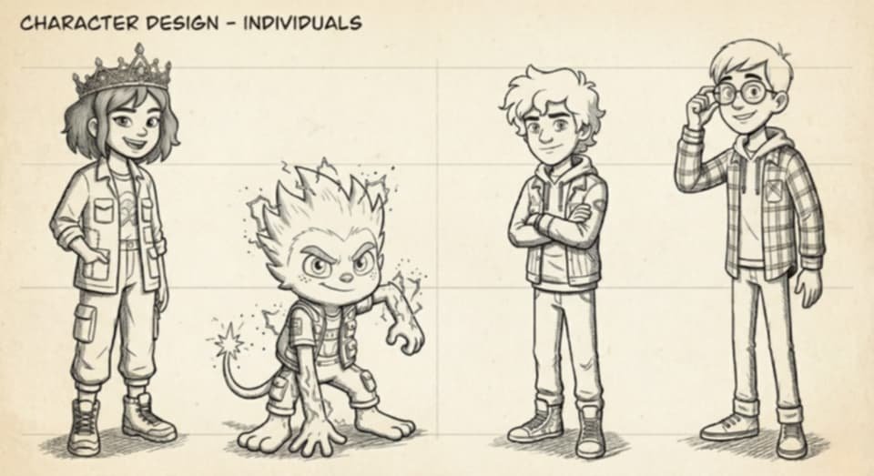 Sketch of four characters in a character design sheet, including a girl with a crown, a small creature with spiky hair and a tail, a boy in a hoodie with crossed arms, and another boy with glasses adjusting his glasses.