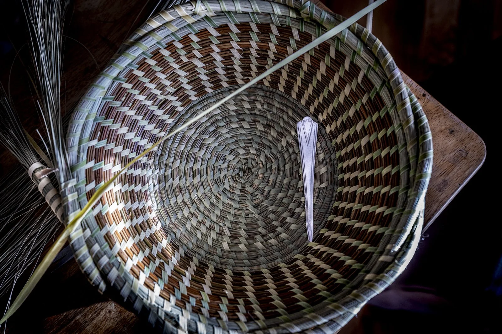 One of Andrea Cayetano Jefferson's sweetgrass baskets in progress.