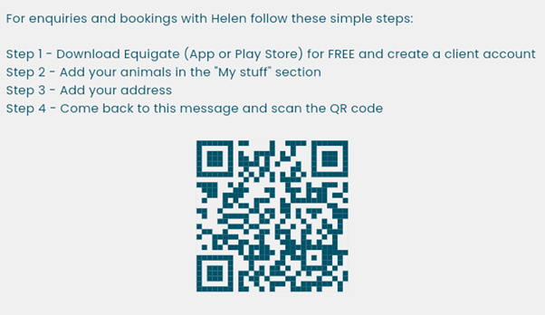 Instructions for booking with Helen, including steps to download Equigate, add animals and address, and scan the QR code.