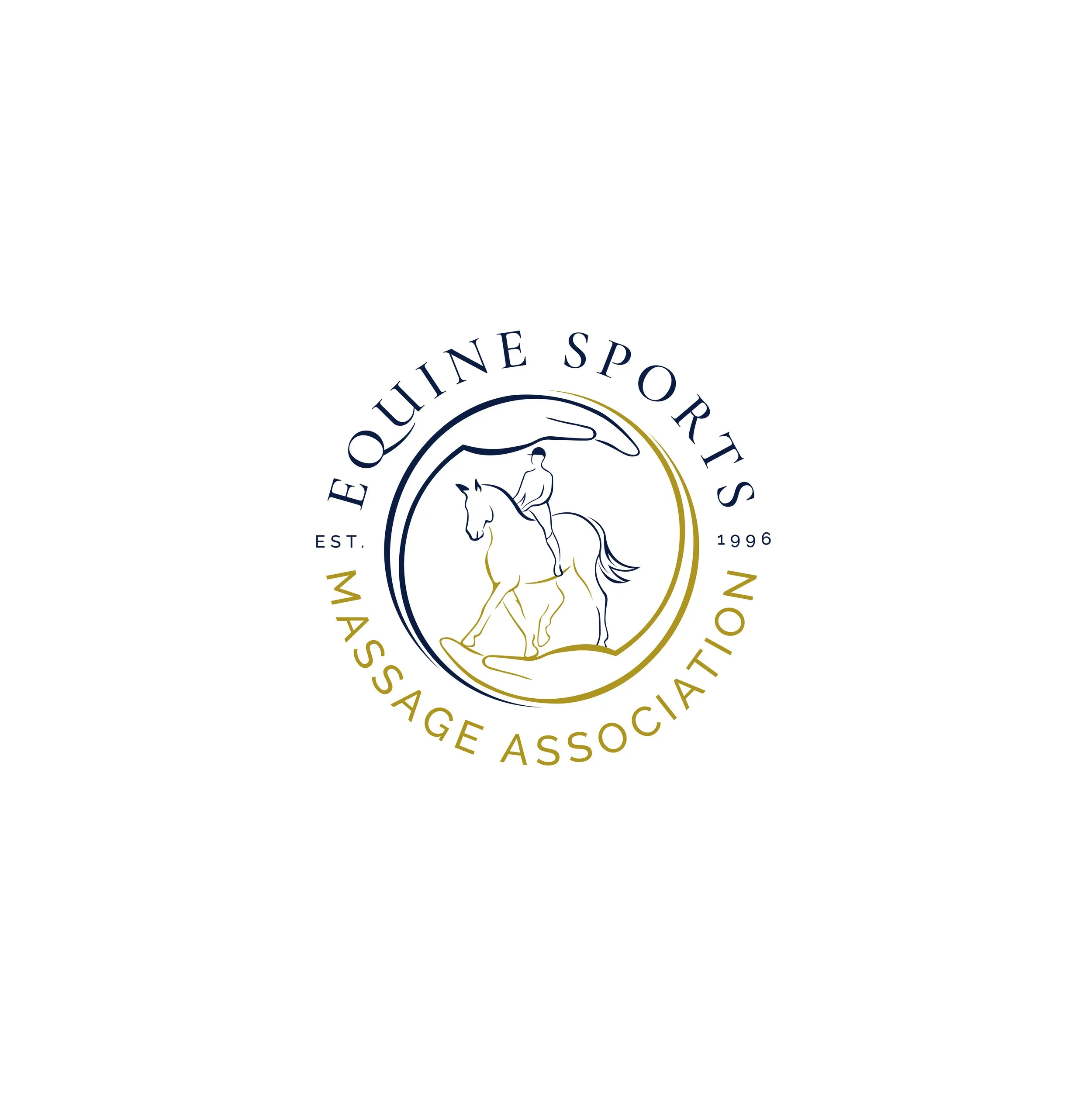 Logo of the Equine Exports Massage Association featuring a person riding a horse inside a circular border, with the organization's name and establishment date.