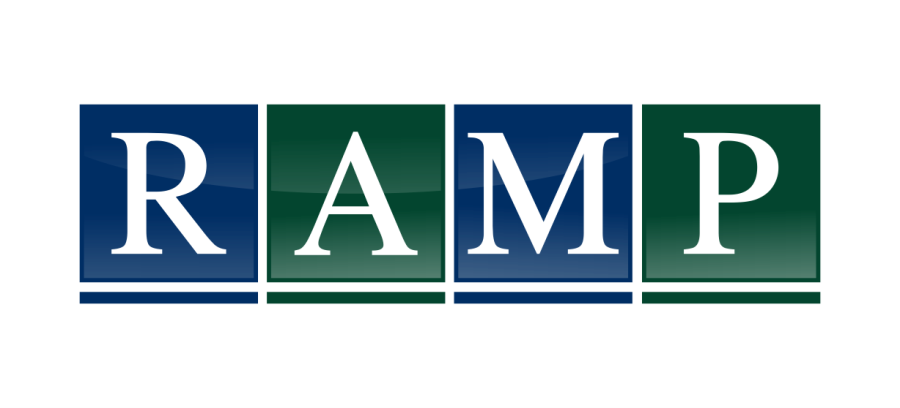 Graphic with four blocks spelling out "RAMP" in alternating blue and green backgrounds