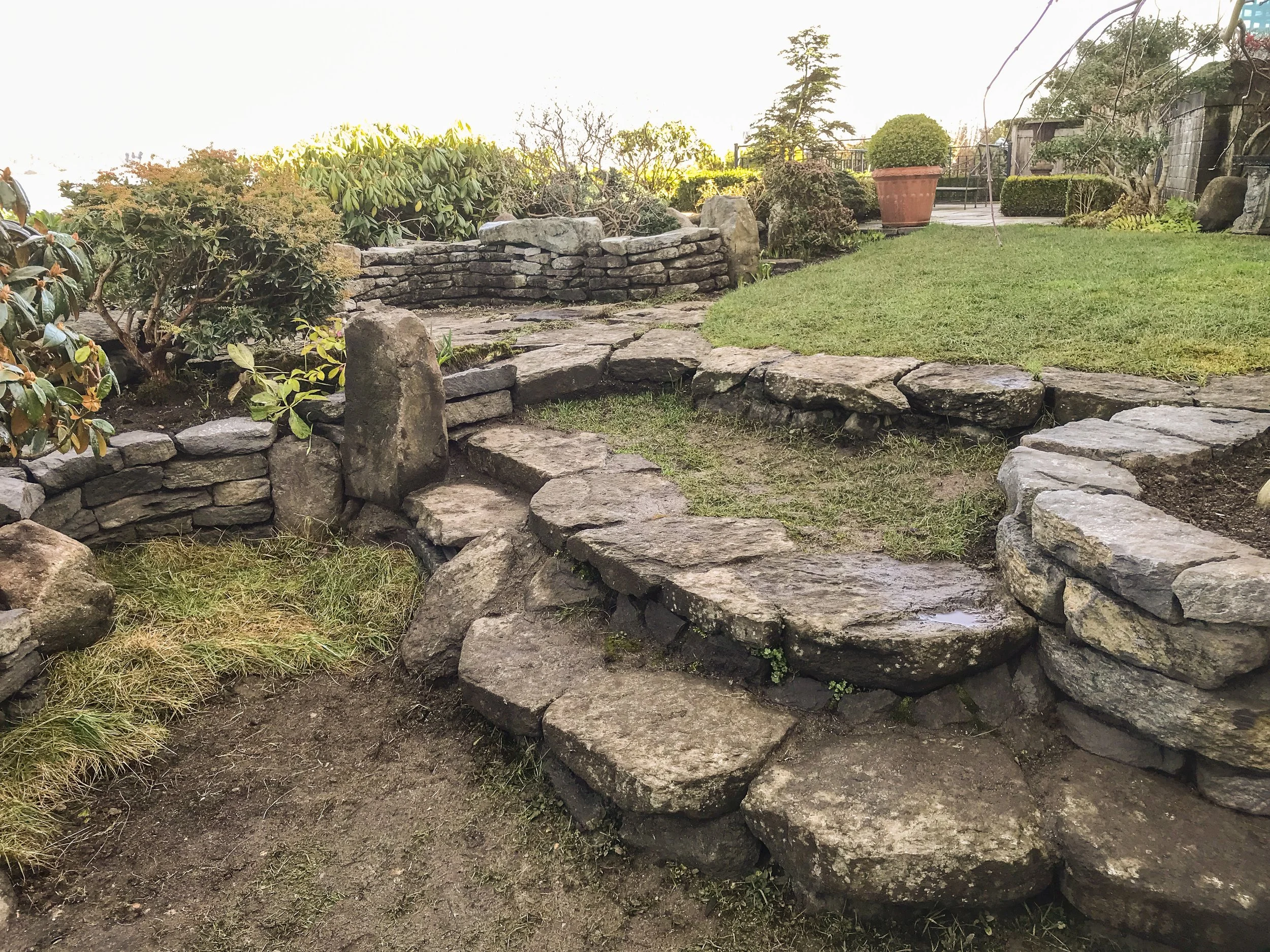 A backyard garden with stone pathway, stone retaining wall, bushes, and potted plants, with a wooden shed in the background.