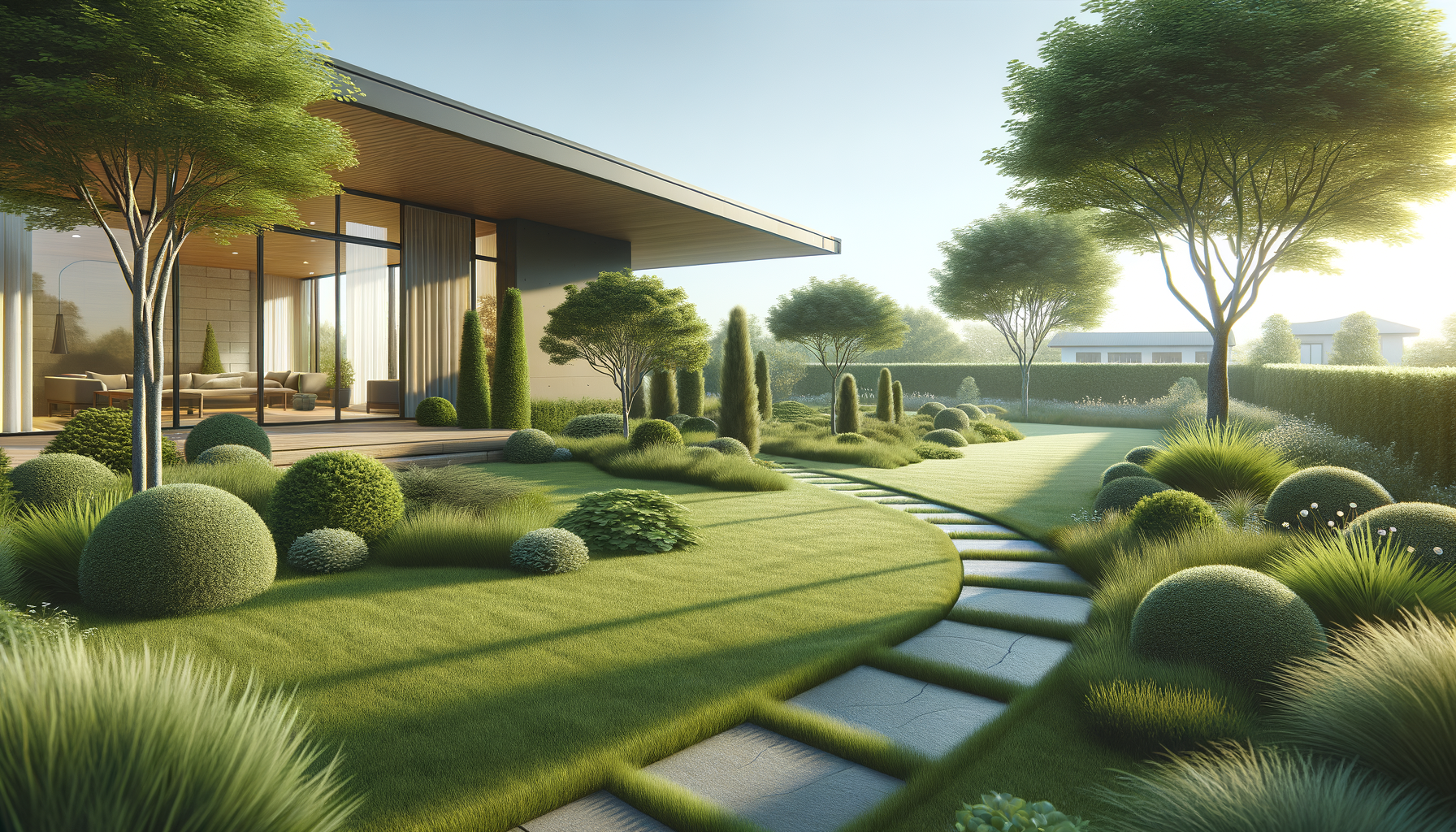 Modern house with large glass windows, surrounded by a well-maintained landscaped garden with various bushes, trees, and a stone pathway in the sunlight.