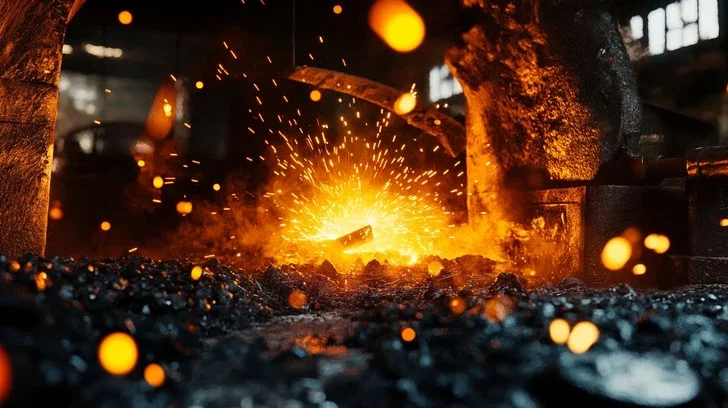 Forging a piece of hot metal with a hammer and sparks flying in the dark.