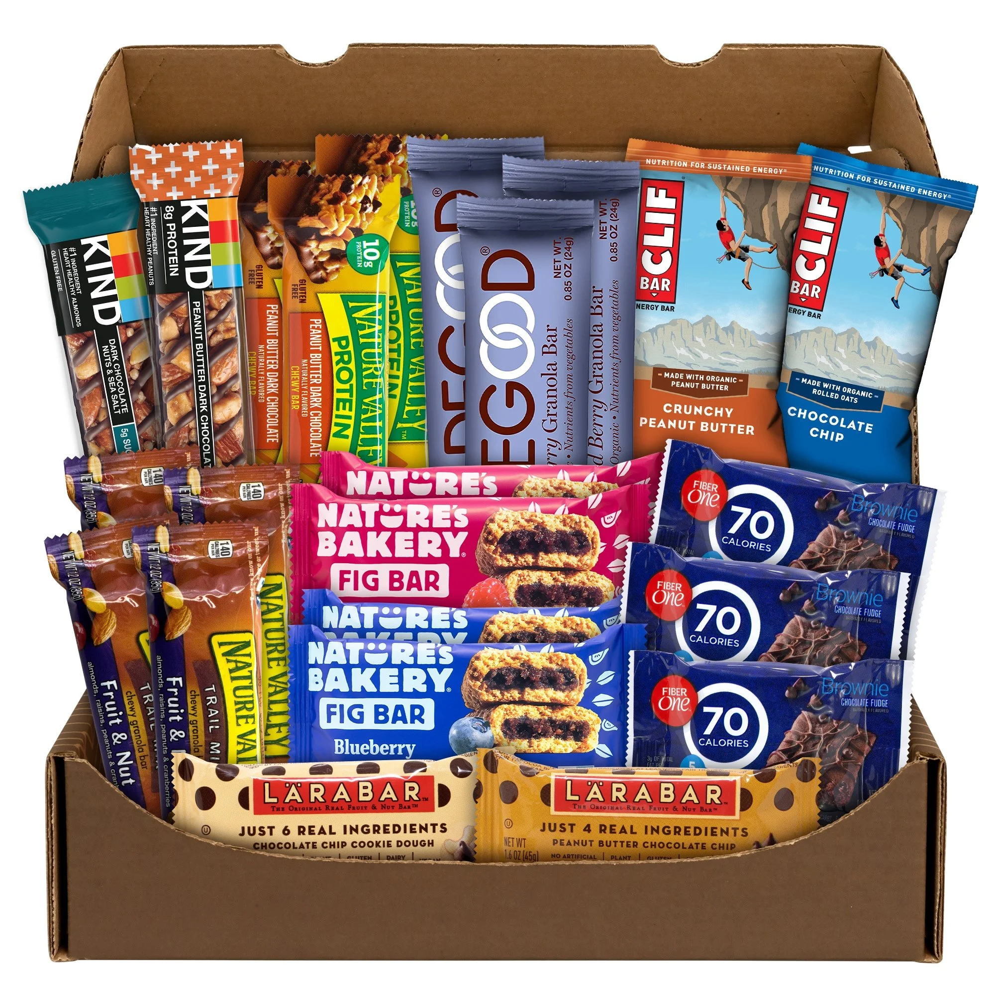 Arrangement of various snack bars in a cardboard box, including protein, granola, energy, brownie, and cookie dough snacks.