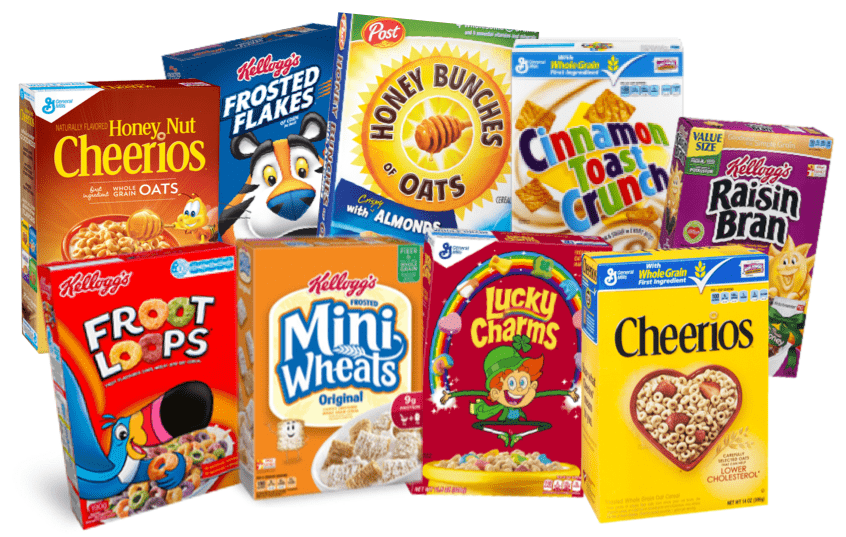 Assortment of Kellogg's breakfast cereals including Honey Nut Cheerios, Frosted Flakes, Honey Bunches of Oats, Cinnamon Toast Crunch, Raisin Bran, Froot Loops, Mini Wheats, Lucky Charms, and Cheerios.