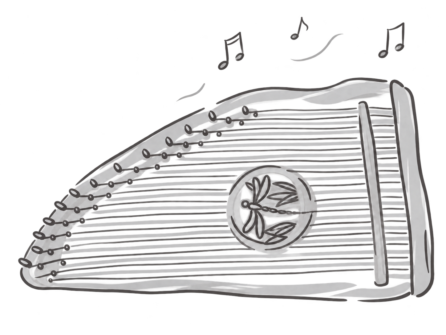 Hand drawn therapy harp with music notes.