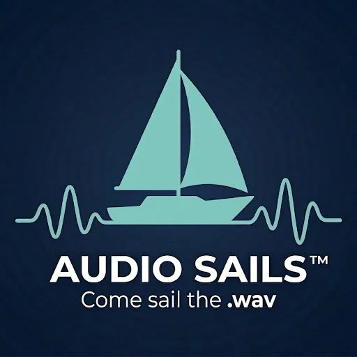 Logo of Audio Sails featuring a sailboat on an electrocardiogram line with the text "AUDIO SAILS" and the slogan "Come sail the .wav".