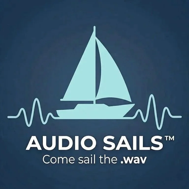 Logo with a sailing boat and soundwave, featuring the text "AUDIO SAILS™ Come sail the .wav"